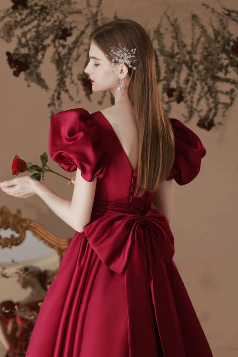 Wine Red Satin Tea Length Short Sleeves Party Dress, Wine Red Satin Homecoming Dress